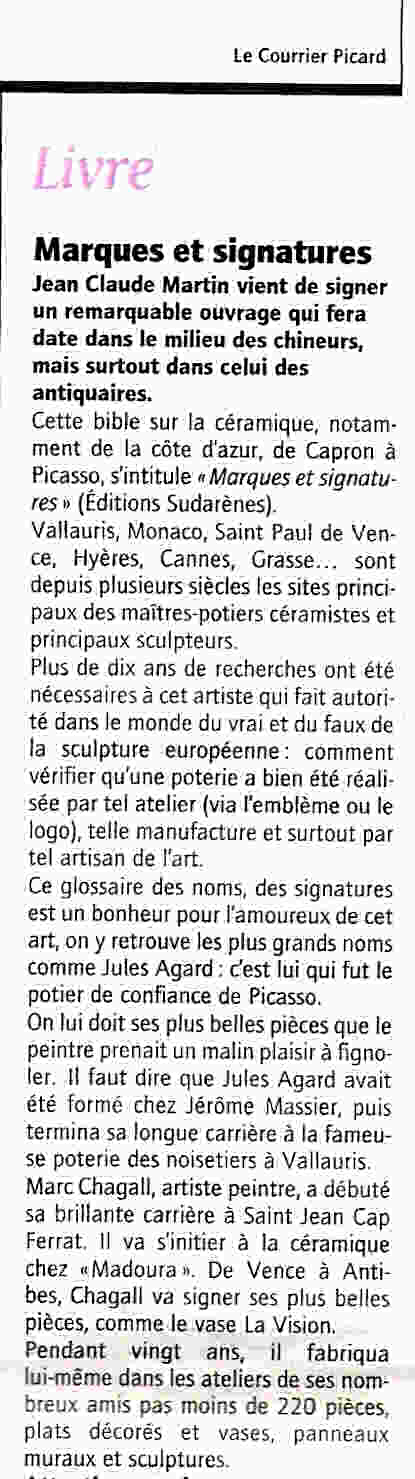 Article dans le journal Courrier Picard sur le livre Marques et signatures de la céramique d'art de la Côte d'Azur
