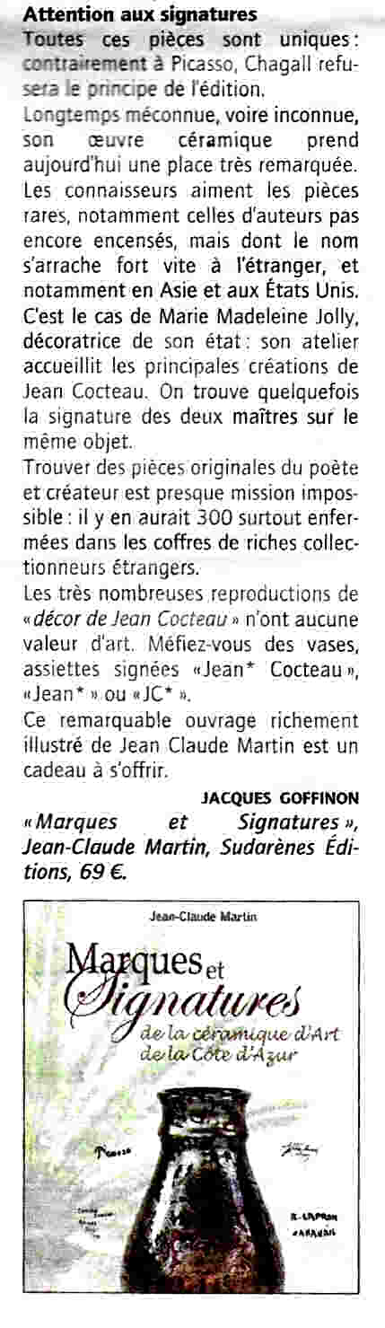 Article dans le journal Courrier Picard sur le livre Marques et signatures de la céramique d'art de la Côte d'Azur